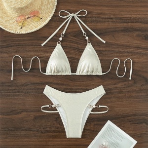Costum de baie 2 piese sidefat cu elemente metalice si perle decorative, auriu/ nude #ZZ2925 - Img 7