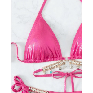 Costum de baie 2 piese sidefat cu slip reglabil si accesorii metalice decorative, roz neon #ZZ2072 - Img 6