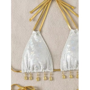 Costum de baie 2 piese sidefat cu snururi aurii decorative la slip si sutien, alb/ auriu #ZZ2821 - Img 6
