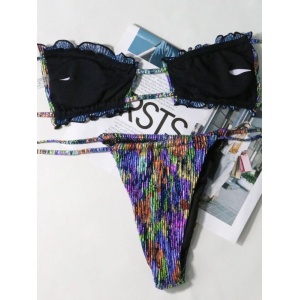 Costum de baie 2 piese sidefat, sutien fara bretele si slip reglabil, mov/ multicolor #ZZ2768 - Img 7