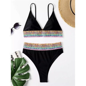 Costum de baie 2 piese, slip brazilian cu talie inalta, elastice late colorate, negru #ZZ2734 - Img 2