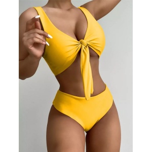 Costum de baie 2 piese, slip cu talie inalta, galben #ZZ2812 - Img 4