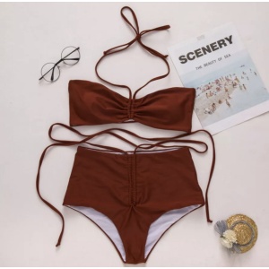 Costum de baie 2 piese, slip cu talie inalta, maro #ZZ2863 - Img 4