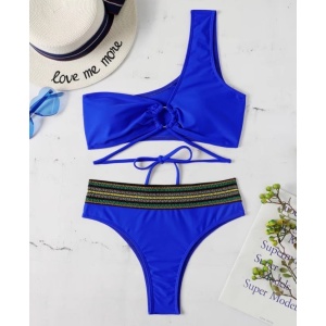 Costum de baie 2 piese, slip cu talie inalta, sutien pe un umar, albastru #ZZ2739 - Img 2