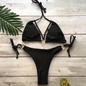 Costum de baie 2 piese, slip reglabil, cercuri metalice decorative, negru #ZZ2735 - Img 6