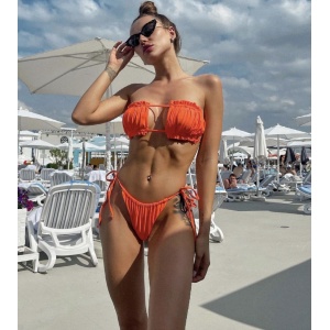 Costum de baie 2 piese su sutien creponat si slip reglabil, portocaliu #ZZ2772