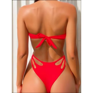 Costum de baie 2 piese, sutien fără bretele cu cataramă metalică decorativă, rosu #ZZ2155 - Img 3