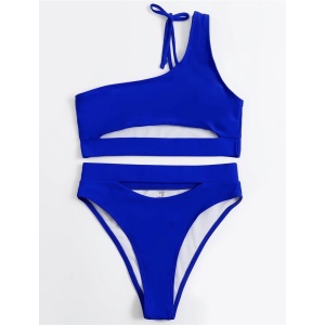Costum de baie 2 piese, sutien pe un umar si slip cu talie inalta, albastru #ZZ2803 - Img 5