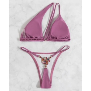 Costum de baie 2 piese, sutien pe un umar si slip tanga cu cristale la spate, roz #ZZ2131