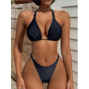 Costum de baie 2 piese tanga cu bretele impletite la slip si sutien, negru #ZZ2002