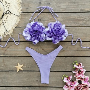 Costum de baie 2 piese tanga cu flori mari aplicate pe cupe , mov/ lila #ZZ2117 - Img 8