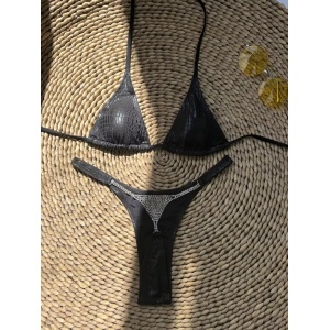 Costum de baie 2 piese tanga cu imprimeu și cristale decorative la slip, negru #ZZ2048 - Img 8