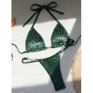 Costum de baie 2 piese texturat cu imprimeu leopard, slip tanga, verde #ZZ2127 - Img 10