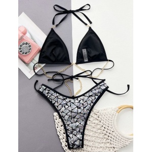 Costum de baie 2 piese texturat cu paiete mici si lanturi decorative, argintiu #ZZ2713 - Img 4