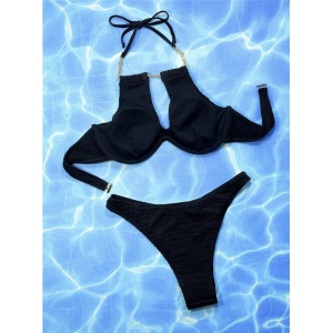 Costum de baie 2 piese texturat cu sarma de sustinere la sutien, negru #ZZ2783 - Img 2