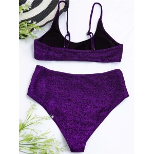 Costum de baie 2 piese texturat cu sclipici, slio cu talie inalta, mov #ZZ2759 - Img 6