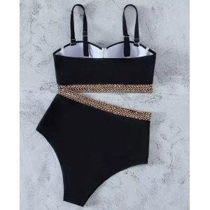 Costum de baie 2 piese texturat cu talie inalta si cupe tari buretate, negru #ZZ2762 - Img 3