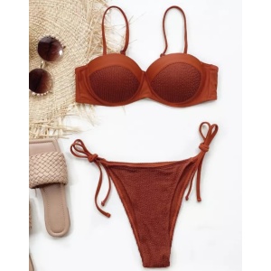 Costum de baie 2 piese texturat, cupe tari buretate, maro #ZZ2780 - Img 6