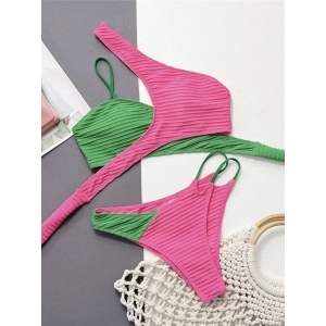Costum de baie 2 piese texturat, sutien petrecut, roz fucsia/verde #ZZ2776 - Img 3