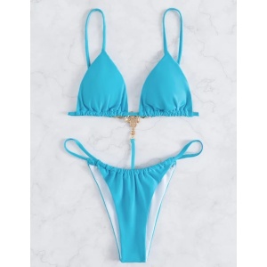 Costum de baie 2 piese unite la spate, cristale decorative si slip brazilian, albastru #ZZ2885 - Img 2
