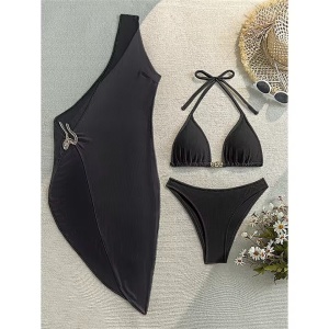 Costum de baie 3 piese cu catarame metalice, negru #ZZ3021 - Img 3