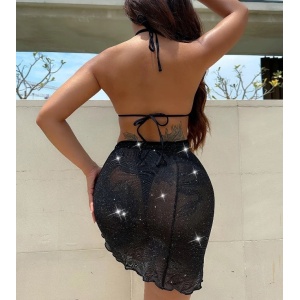 Costum de baie 3 piese cu esarfa, din material texturat cu sclipici, negru #ZZ2826 - Img 2