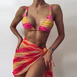 Costum de baie 3 piese cu esarfa, roz/galben #ZZ3934