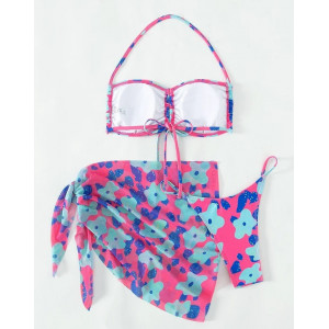 Costum de baie 3 piese cu esarfa si snur reglabil la sutien, albastru/ multicolor #ZZ3034 - Img 4