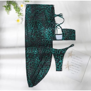 Costum de baie 3 piese cu fusta, imprimeu leopard, verde/ negru #ZZ3930 - Img 3