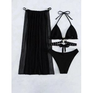 Costum de baie 3 piese cu fusta lunga din voal si accesorii metalice, negru #ZZ3018 - Img 9