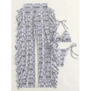 Costum de baie 3 piese cu pantalon lung si imprimeu sarpe, alb/ gri #ZZ3019 - Img 10