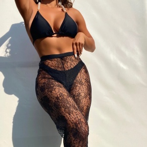 Costum de baie 3 piese cu pantaloni din dantela, sutien cu perle si slip brazilian, negru #ZZ3928