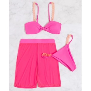 Costum de baie 3 piese cu pantaloni scurti semitransparenti, roz neon #ZZ3968 - Img 3
