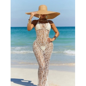 Costum de baie 3 piese cu rochie lunga crosetata, spatele gol, slip tanga, alb #ZZ3901