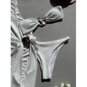 Costum de baie 3 piese cu rochie pe un umar si elemente metalice aurii decorative, alb #ZZ3020 - Img 7