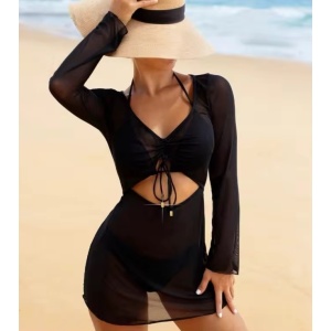 Costum de baie 3 piese cu rochie scurtă, negru #ZZ3053 - Img 2