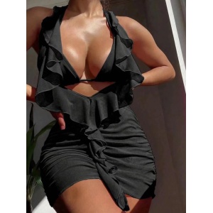 Costum de baie 3 piese cu rochita scurta decoltata si volane, negru #ZZ3914