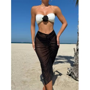Costum de baie 3 piese, cu sutien fara bretele si fusta midi din voal, alb/ negru #ZZ3026 - Img 2
