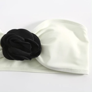 Costum de baie 3 piese, cu sutien fara bretele si fusta midi din voal, alb/ negru #ZZ3026 - Img 12