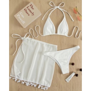Costum de baie 3 piese reiat, fusta cu ciucurasi decorativi, alb #ZZ3951 - Img 2