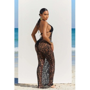 Costum de baie 3 piese, rochie lunga crosetata cu spatele gol, negru #ZZ3039 - Img 2