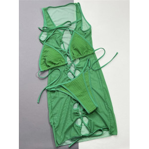 Costum de baie 3 piese, rochie scurta cu snur reglabil in fata #ZZ3010 - Img 4