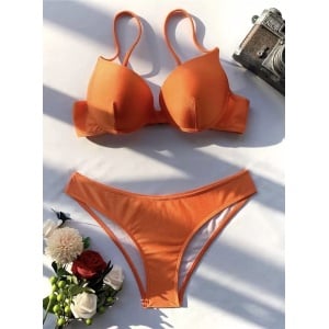 Costum de baie 3 piese satinat, cu esarfa, cupe buretate, portocaliu #ZZ3972 - Img 6