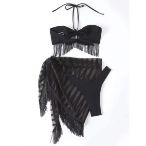 Costum de baie 3 piese sexy cu fusta si franjuri decorative, negru #ZZ3922 - Img 5