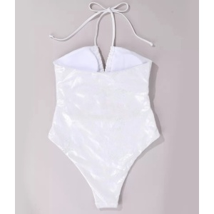 Costum de baie intreg metalizat cu decolteu si decupaje, imprimeu sarpe, alb ivoire #ZZ1909 - Img 8