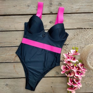Costum de baie intreg sexy cu cupe buretate si decolteu, negru/ roz neon #ZZ1935 - Img 5
