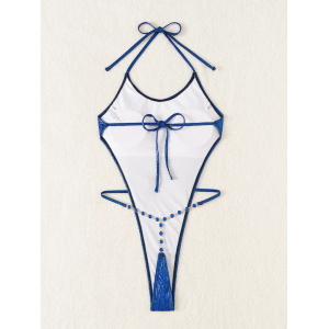 Costum de baie intreg tanga metalizat, cu spatele gol si cristale decorative, albastru #ZZ1039 - Img 4