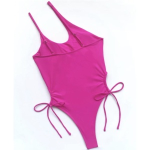 Costum de baie intreg tanga, pe un umar , cu snururi laterale, roz neon #ZZ1957 - Img 5