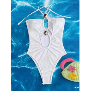 Costum de baie intreg texturat cu decupaj și accesorii metalice decorative, alb #ZZ1007 - Img 4