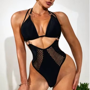 Costum de baie tanga cu decupaje și inserții de plasă, 2 piese, negru #ZZ1031